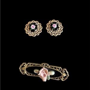 Vintage Gold and Black Floral Jewelry Set